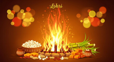 Happy Lohri Festival Illustration with Bonfire, Popcorn and Sugarcane