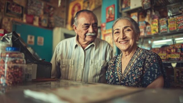 Smiling senior Mexican couple running small family store. Warm, inviting atmosphere, authentic local business. Grandmother and grandfather at counter. Retail, tradition, happiness.
