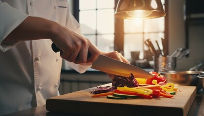 Close up of a chef in a white coat slicing purple cabbage on a wooden cutting board with colorful vegetables nearby