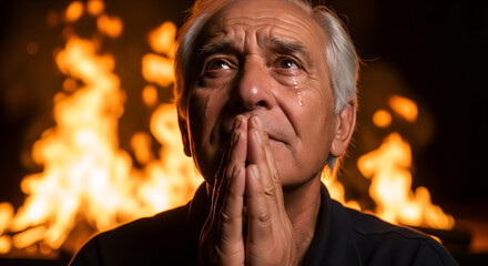 Sad Senior Man Crying with Fire in Background