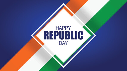 A vibrant graphic celebrating Happy Republic Day with Indian flag colors of saffron, white, and green on a blue background, featuring a central diamond text.