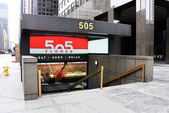Los Angeles, California &ndash; November 12, 2025: 505 Flower Stores entrrance - eat, shop, relax stores on Flower Street, Downtown Los Angeles