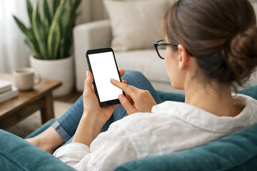 Woman sitting in a comfortable chair at home and using a smartphone with a blank white screen for mobile app promotion or browsing