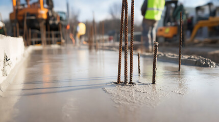 A construction site displays newly poured concrete with exposed rebar and equipment in the background. The light sky creates a bright scene of modern construction.