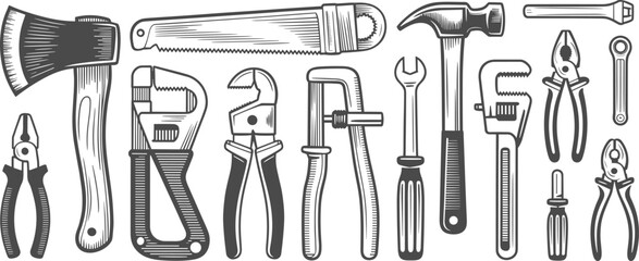 Hand tools illustration, black and white sketch, wrench, hammer, screwdriver, pliers, clamp, axe, saw, DIY repair, mechanical art © Creative Art