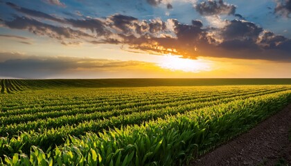 Green Crop Field Rows Growing Under Sunset Sky