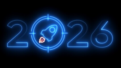 Neon blue 2026 year with rocket ship target and explosion