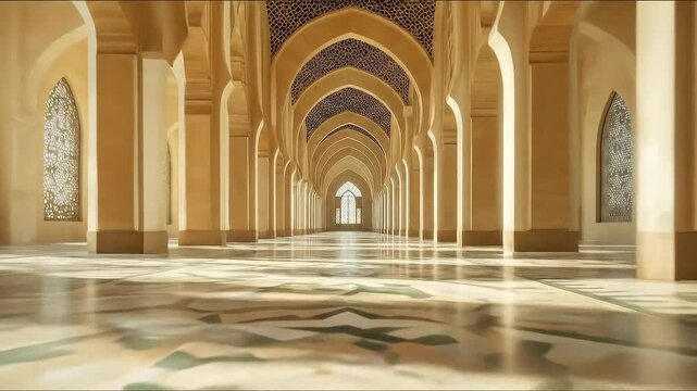 Majestic interior of a grand mosque with arches and patterned floor