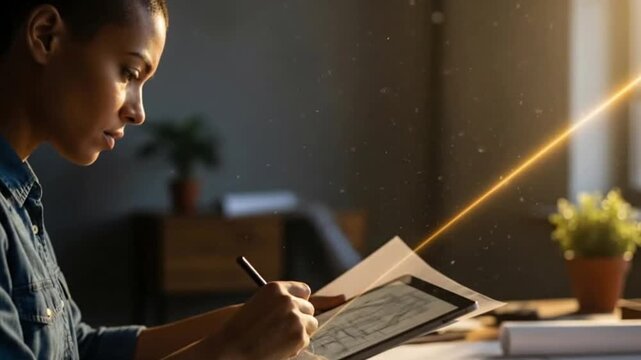 Future of Design: Focused Woman Architect Sketching Blueprints on Tablet | Digital Drafting & Professional Innovation