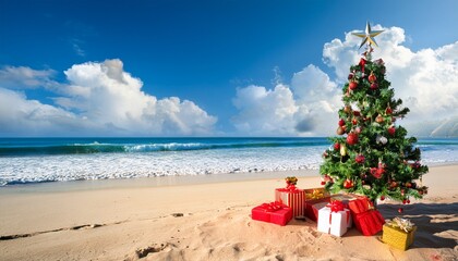Christmas Tree And Gifts On The Sandy Beach