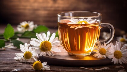 A Soothing Glass Of Fresh Chamomile Herbal Tea Garnished With Delicate Floral Petals On A Rustic Wooden Surface