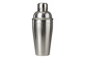 Stainless steel cocktail shaker standing vertically, ready for mixing alcoholic drinks and beverages. Barware equipment for bartenders