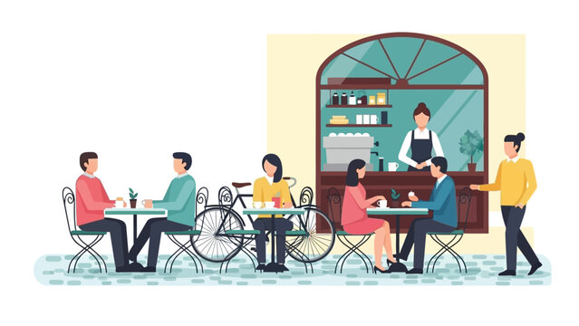 Illustration of diverse people dining and socializing at outdoor cafe tables with a waiter in a casual setting. - Powered by Adobe