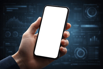 Person holding a smartphone with a blank white screen in front of a blue futuristic data dashboard background for financial and analytical app mockups
