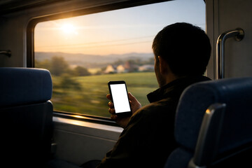 Man holding a smartphone with a white screen while looking out of a train window at sunset for travel apps and digital nomad concepts