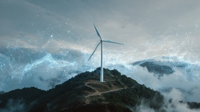 wind turbine standing on a mountain peak generating renewable energy with an overlay of a futuristic digital network symbolizing the integration of technology and sustainability for a greener future - Powered by Adobe