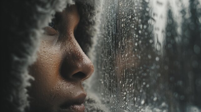 A woman with a hood over her head looking out a window. The window is foggy and wet - Powered by Adobe