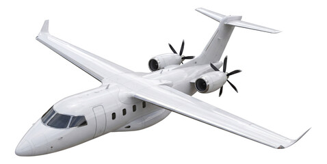Single-aisle turboprop plane featuring high wings and rear-mounted engines.