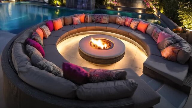 Cozy outdoor seating area with fire pit and pool at twilight