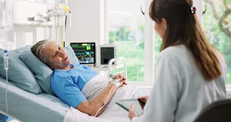 Tablet, hospital and doctor with senior woman for consultation on surgery recovery together. Discussion, digital technology and healthcare worker with elderly female person for medical checkup. - Powered by Adobe