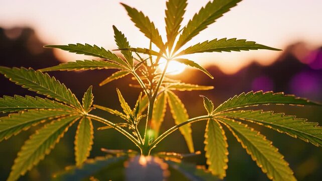 A cannabis plant with vibrant green leaves stands prominently against a glowing sunset backdrop. This cannabis plant captures the essence of nature illuminated by the warm afternoon light.