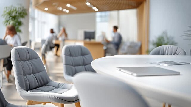 Modernes B&uuml;rointerieur mit Fokus auf Arbeitspl&auml;tze und Zusammenarbeit