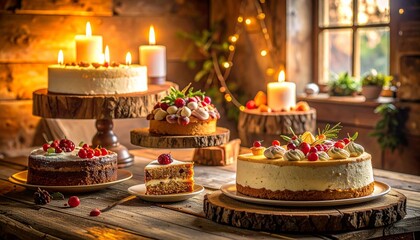 Rustic wooden table with assorted cakes—frosted layers, fruit toppings, caramel drizzles, candles, and lantern.