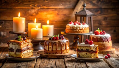 Rustic wooden table with assorted cakes—frosted layers, fruit toppings, caramel drizzles, candles, and lantern.