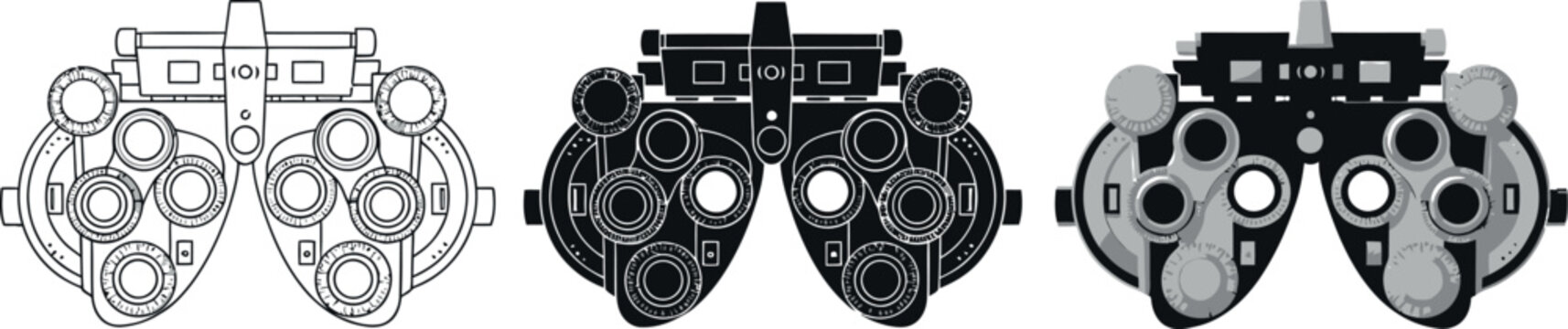 Set of three phoropter icons representing eye examination tools in outline black and grayscale for optometry and vision care concepts
