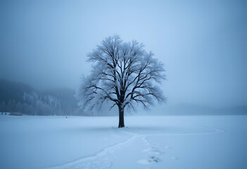 Minimalist winter landscape with solitary frosted tree in snowy field
