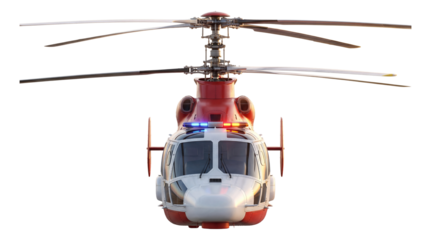 Dual-rotor rescue helicopter featuring emergency lighting system.