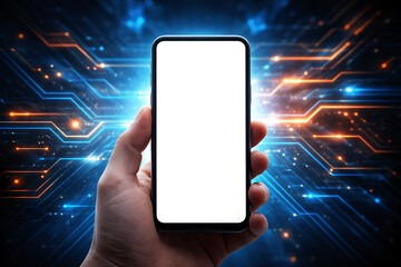 Hand holding smartphone with empty white display against a futuristic blue and orange digital circuit board background representing high technology