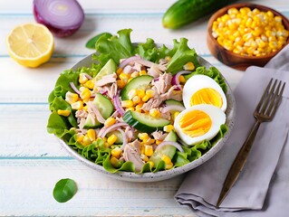 Fresh tuna salad with vegetables and egg on plate