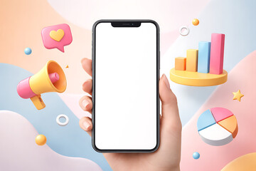 Hand holding smartphone with blank screen surrounded by 3d marketing icons like megaphone and data charts over a soft pastel fluid background