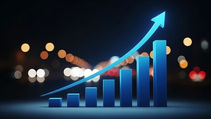 Blue bar chart with upward trend and city lights graph arrow