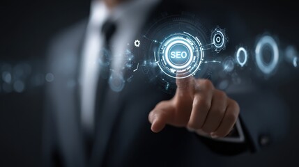businessman using aipowered seo search engine optimization tool on virtual interface representing digital marketing strategy website ranking and online visibility