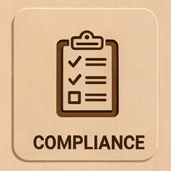Compliance Checklist Icon on Wooden Background: Brown 3D compliance checklist icon on wood texture, representing standards, legal documentation, and business responsibility concepts.