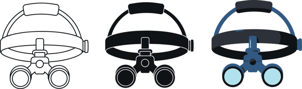 Collection of head-mounted magnifying loupes medical equipment icons in outline black and blue styles isolated on white background
