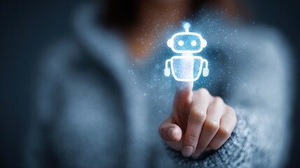 woman pressing a glowing chatbot icon on a virtual screen representing artificial intelligence automation and digital communication