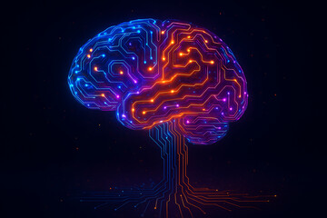 Vibrant circuit brain with glowing neon lights