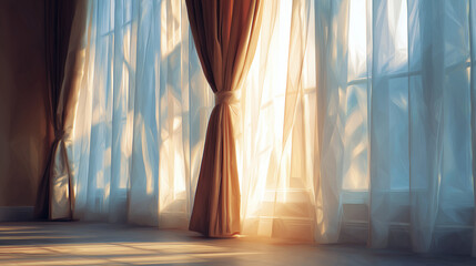 夕陽をやさしく取り込むリビングのカーテンが、静かな一日の始まりを感じさせる暮らしの情景