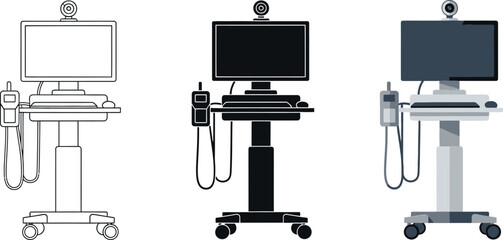 Medical computer cart with monitor keyboard and camera flat design icons for healthcare technology and telemedicine isolated on white © Ahmad