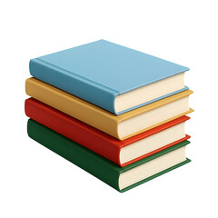 Fototapeta premium A stack of three hardcover books with blue yellow and red covers casting a reflection on a dark surface isolated on transparent background
