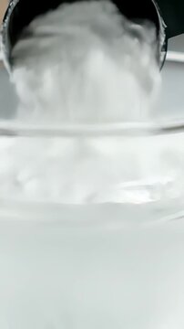 Detailed close up shot showing white powder, potentially whey protein or a creatine supplement, being poured from a scoop into a glass of water and mixing together until fully dissolved