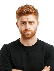 Fototapeta premium headshot of red haired serious young male blogger looks confidently at camera thinks about new content of his web page dressed casually earns money distantly isolated over white background no logos n