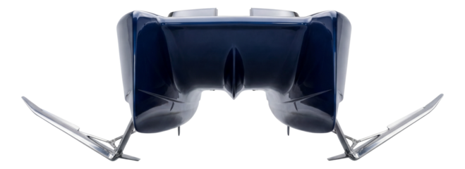 Sleek catamaran featuring a narrow design and prominent hydrofoil wings.