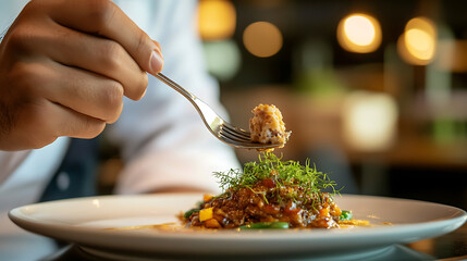 A person enjoying a gourmet dish in a warm, inviting restaurant. The focus is on the exquisite presentation and the experience of savoring each bite with elegant dining atmosphere.
