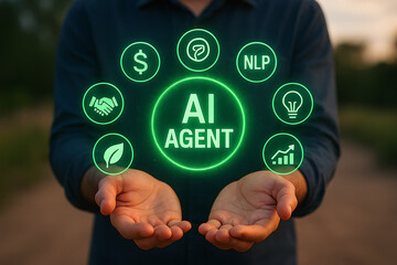 Man presenting AI agent technology with innovative icons