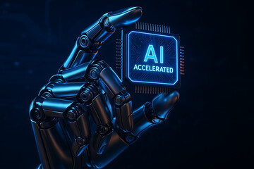 Robotic hand holding AI accelerated microchip