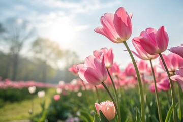 Obraz premium Beautiful pink tulips on blurred spring sunny background. 
